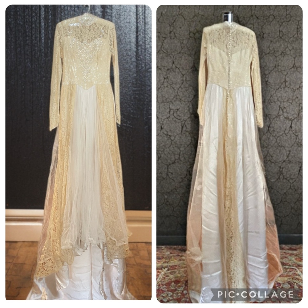Vintage Cream Lace and Tulle Wedding Dress - circa 1930s